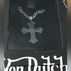 Von Dutch Silver Tone Cuban Link Chain Engraved Cross Pendant Necklace NIB